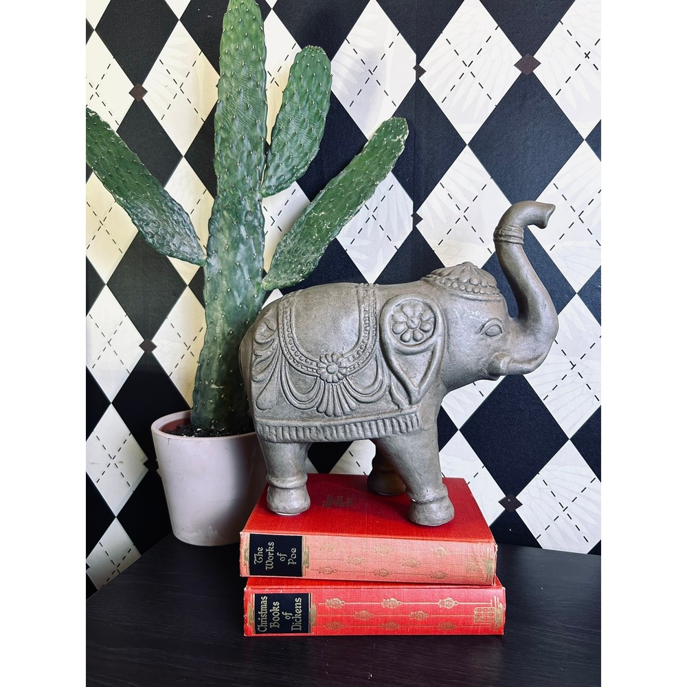 Vintage Gray Elephant Statue Trunk Up Good Luck Bohemian Decor 10"" - Picture 17 of 17